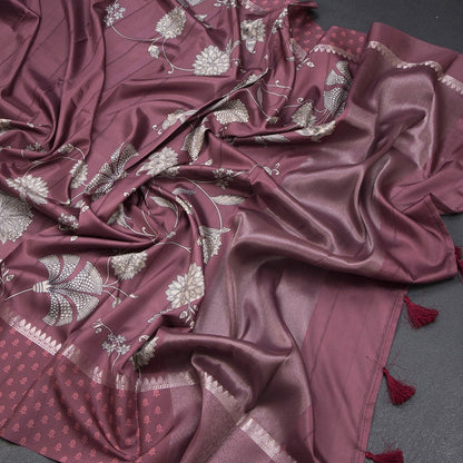 Raw Silk Wine Colour Floral Printed Saree