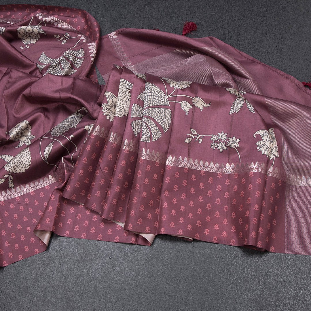 Raw Silk Wine Colour Floral Printed Saree