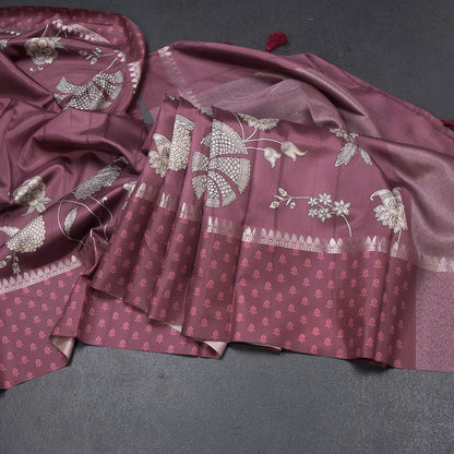 Raw Silk Wine Colour Floral Printed Saree