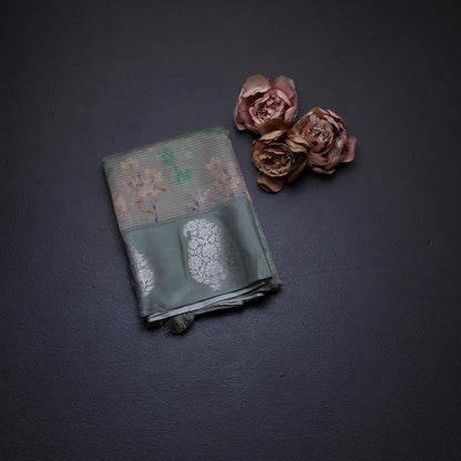 Raw Silk Sage Green Zari Stripes With Floral Printed Saree 02