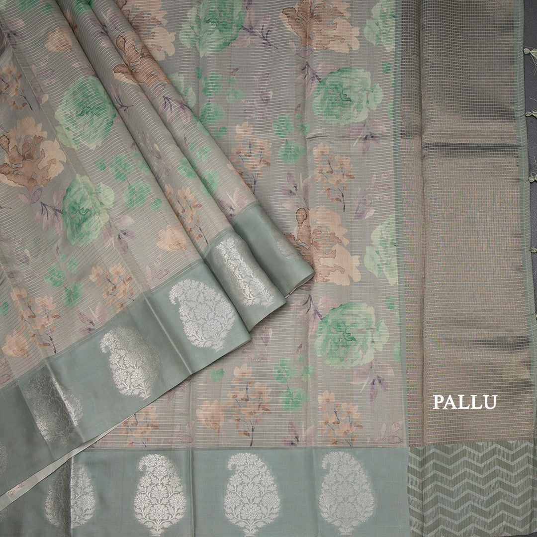 Raw Silk Sage Green Zari Stripes With Floral Printed Saree 02