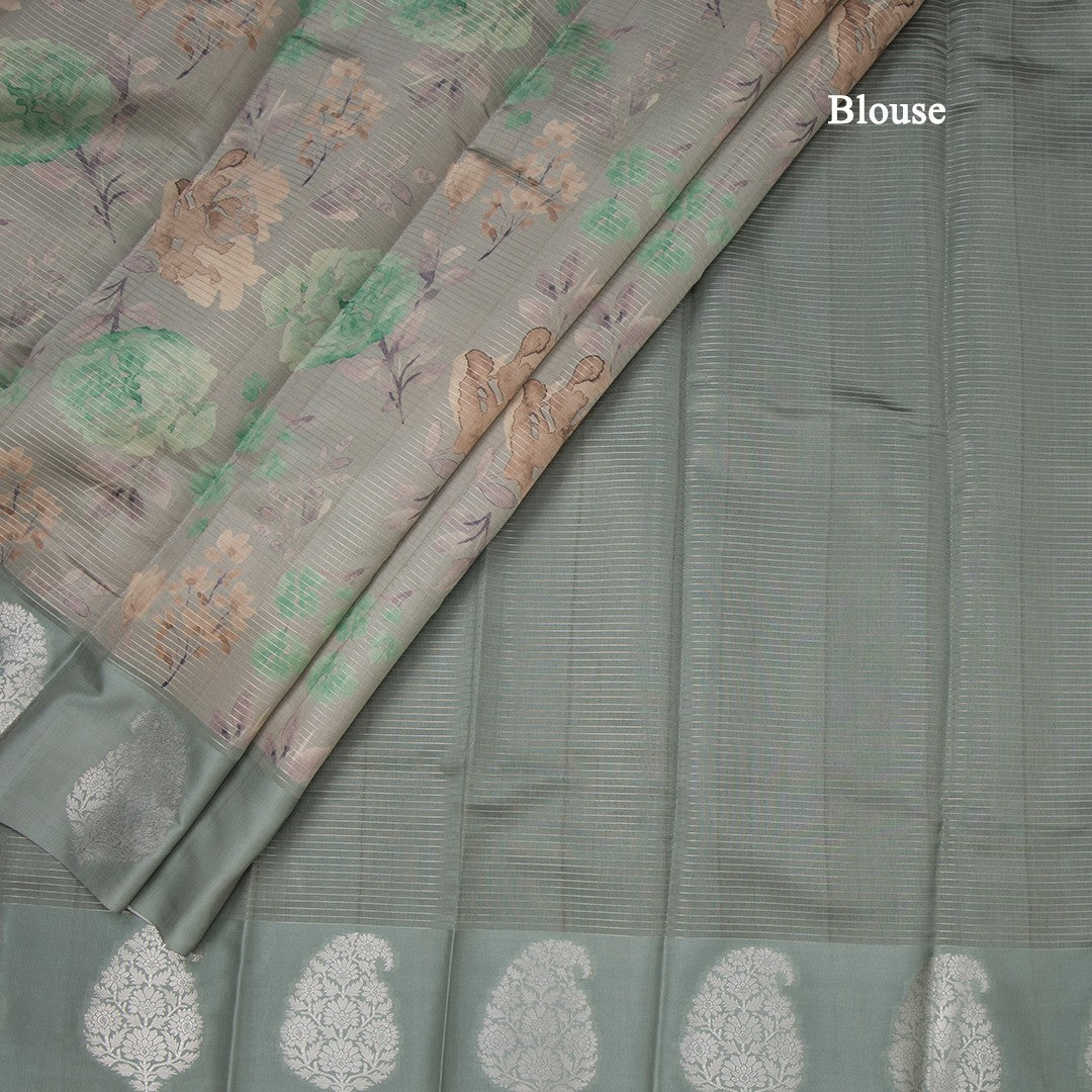 Raw Silk Sage Green Zari Stripes With Floral Printed Saree 02