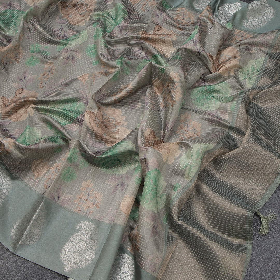 Raw Silk Sage Green Zari Stripes With Floral Printed Saree 02