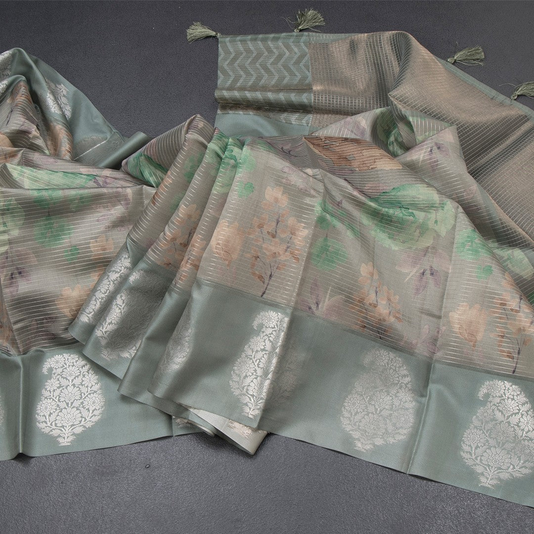 Raw Silk Sage Green Zari Stripes With Floral Printed Saree 02