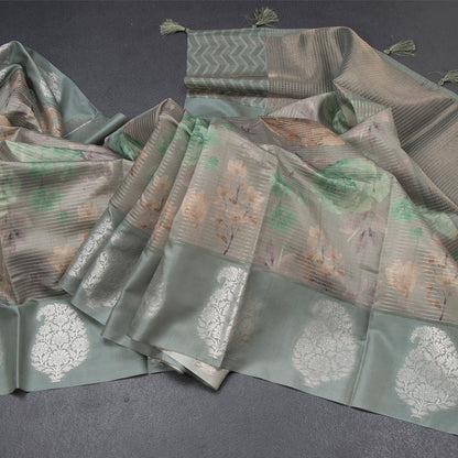 Raw Silk Sage Green Zari Stripes With Floral Printed Saree 02