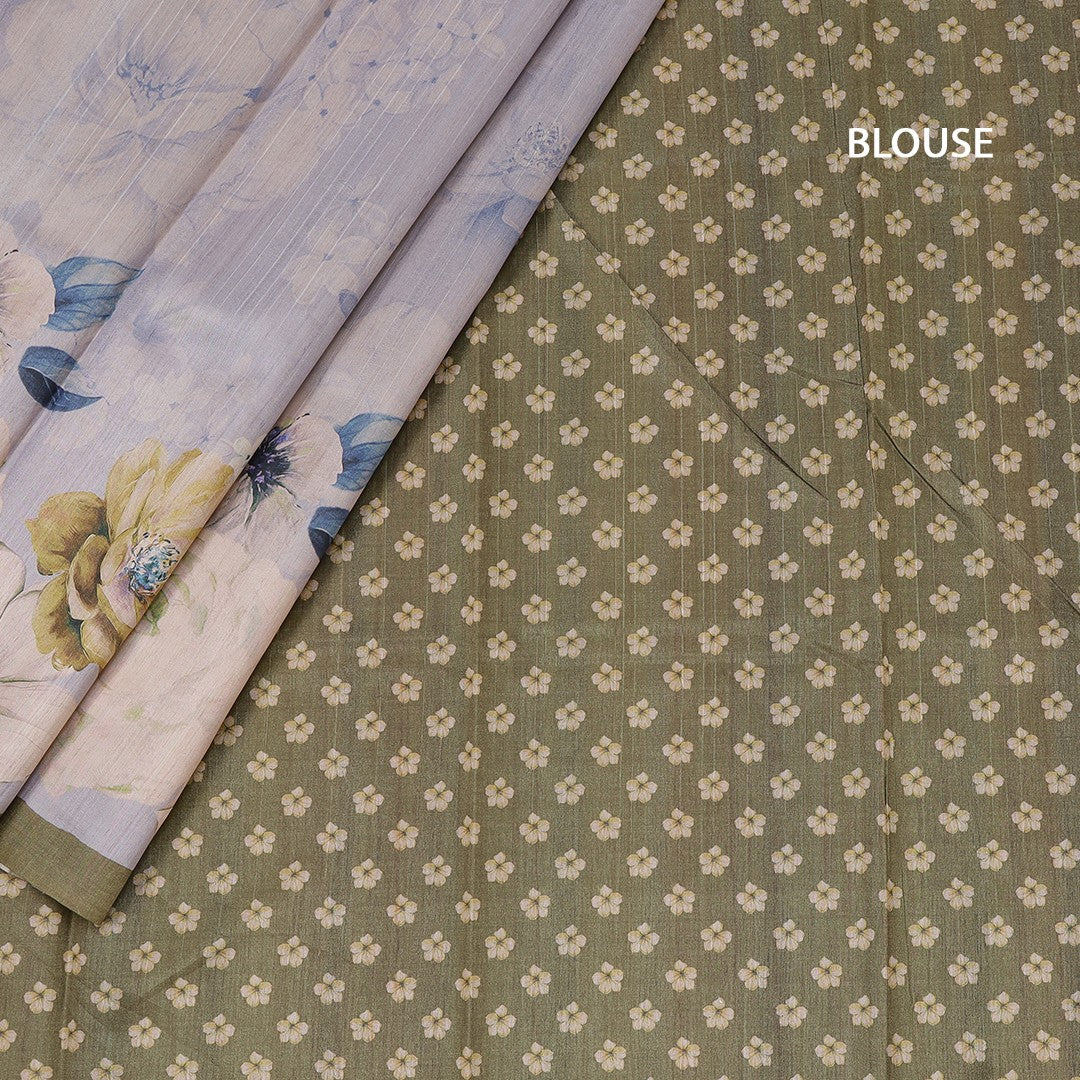 Semi Raw Silk Light Greyish Blue Floral Printed Saree With Ribbon Border