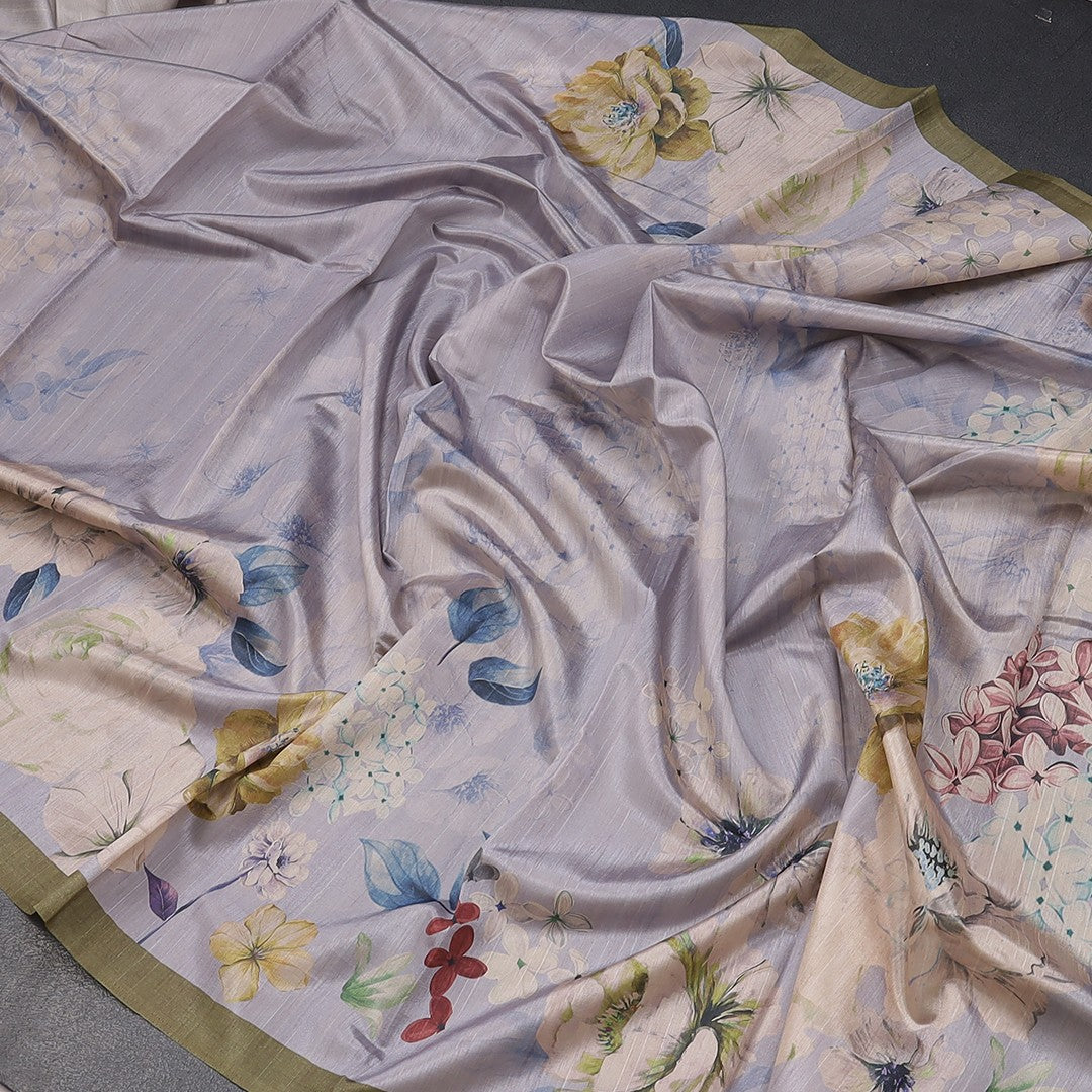 Semi Raw Silk Light Greyish Blue Floral Printed Saree With Ribbon Border