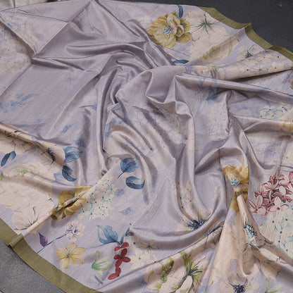 Semi Raw Silk Light Greyish Blue Floral Printed Saree With Ribbon Border