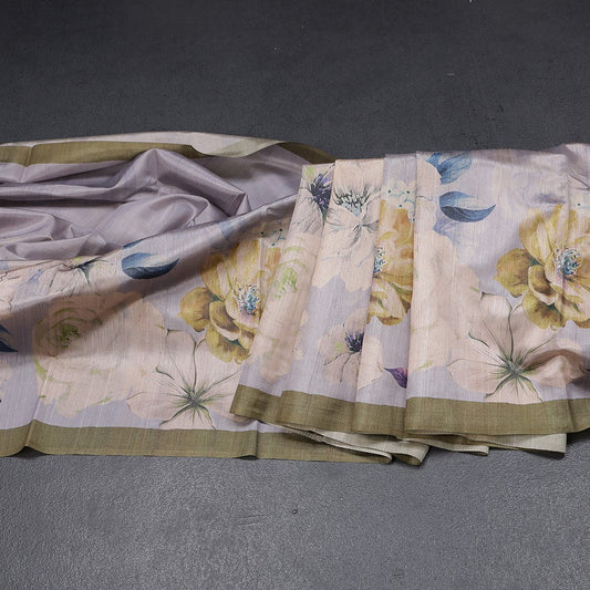 Semi Raw Silk Light Greyish Blue Floral Printed Saree With Ribbon Border