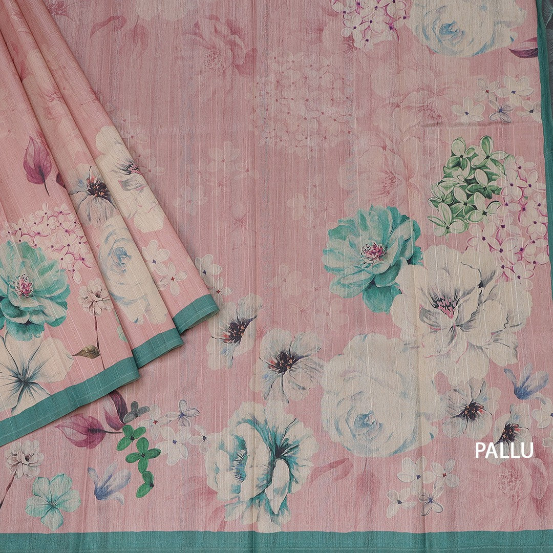 Semi Raw Silk Onion Pink Floral Printed Saree With Ribbon Border