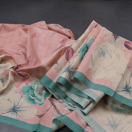 Semi Raw Silk Onion Pink Floral Printed Saree With Ribbon Border