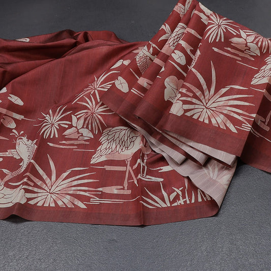 Semi Raw Silk Maroon Floral Printed Saree With Ribbon Border