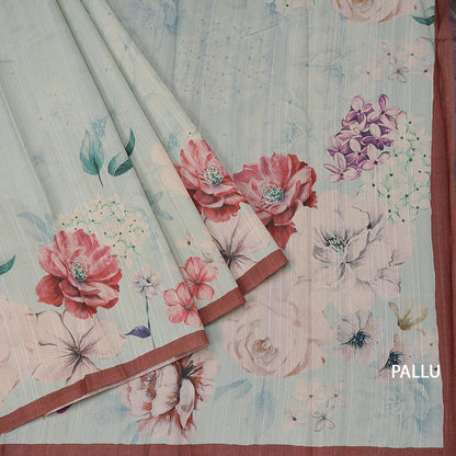 Semi Raw Silk Light Green Floral Printed Saree With Ribbon Border