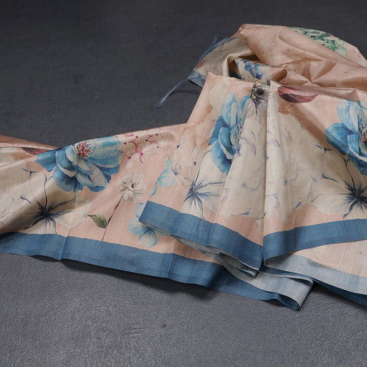 Semi Raw Silk Light Brown Floral Printed Saree With Ribbon Border 02