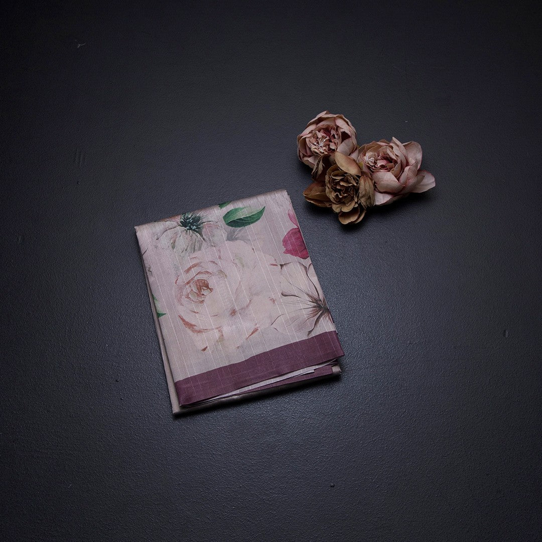 Semi Raw Silk Beige Floral Printed Saree With Ribbon Border