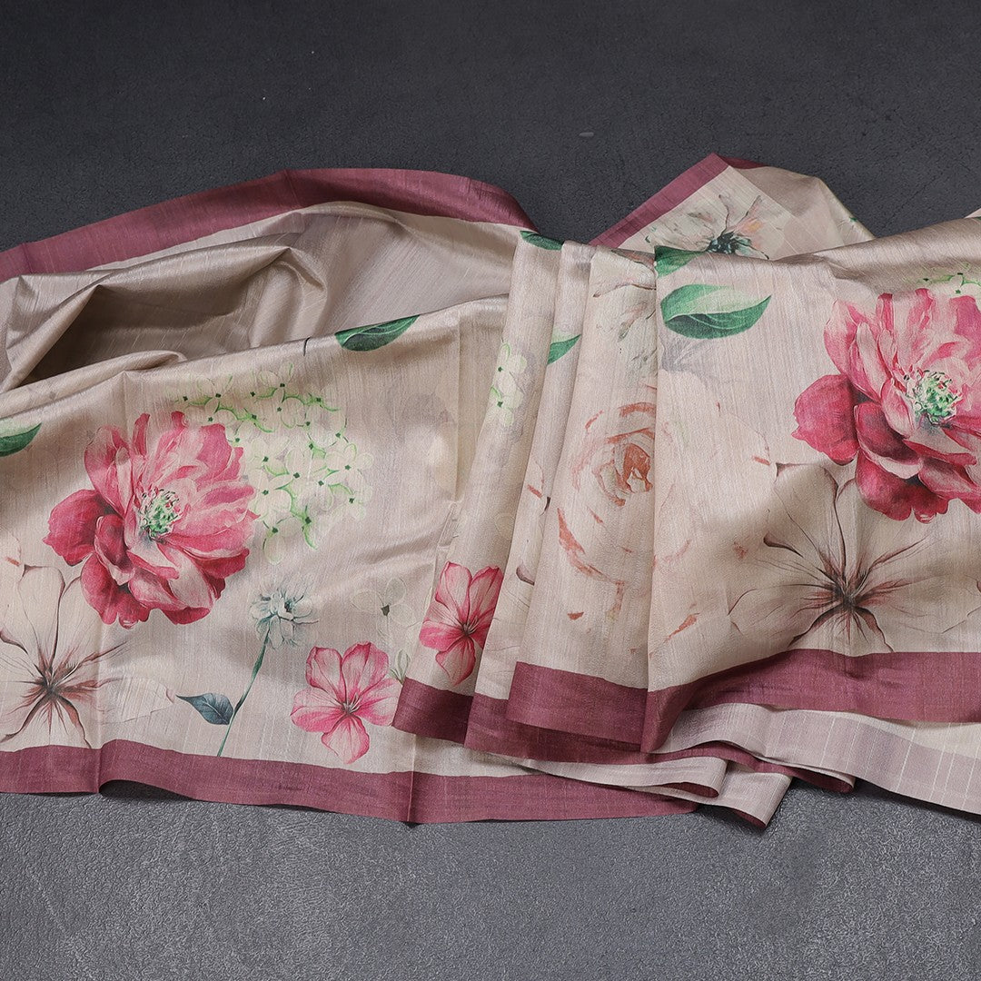 Semi Raw Silk Beige Floral Printed Saree With Ribbon Border
