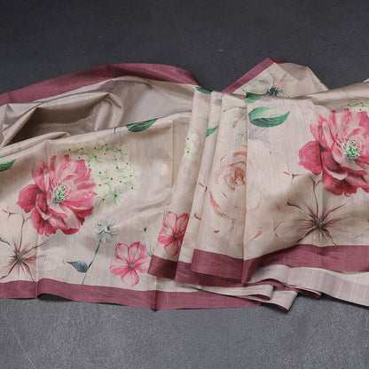 Semi Raw Silk Beige Floral Printed Saree With Ribbon Border
