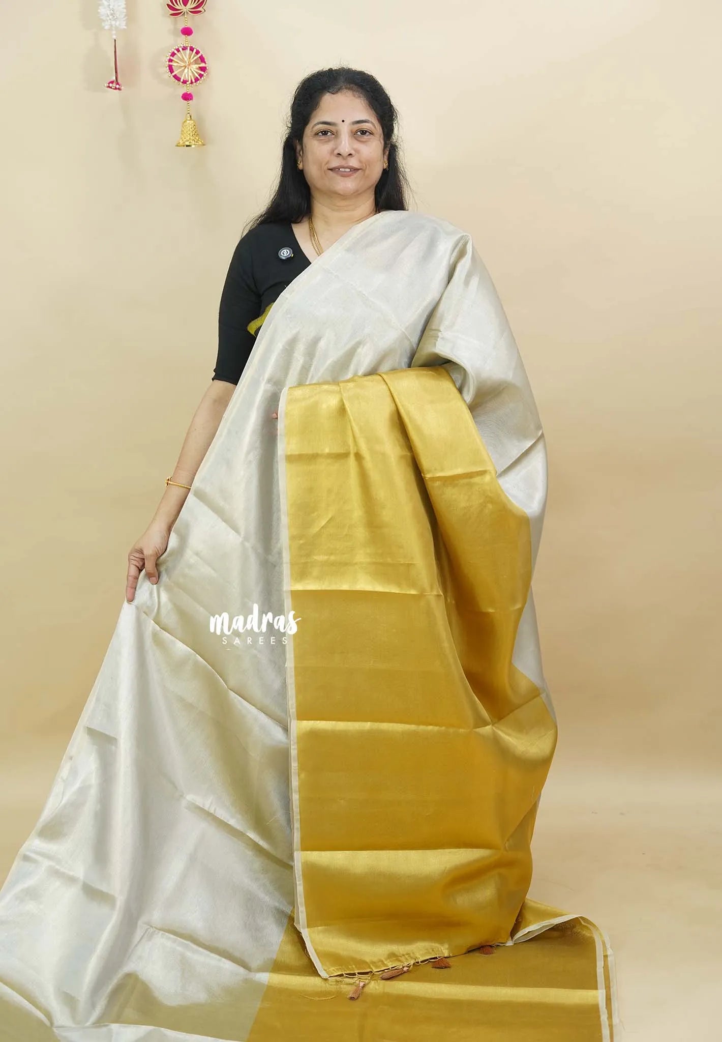 MoonSun Blend - Kushboo half and half gold and silver tissue silk Saree - Best for Small Functions - Madras Sarees
