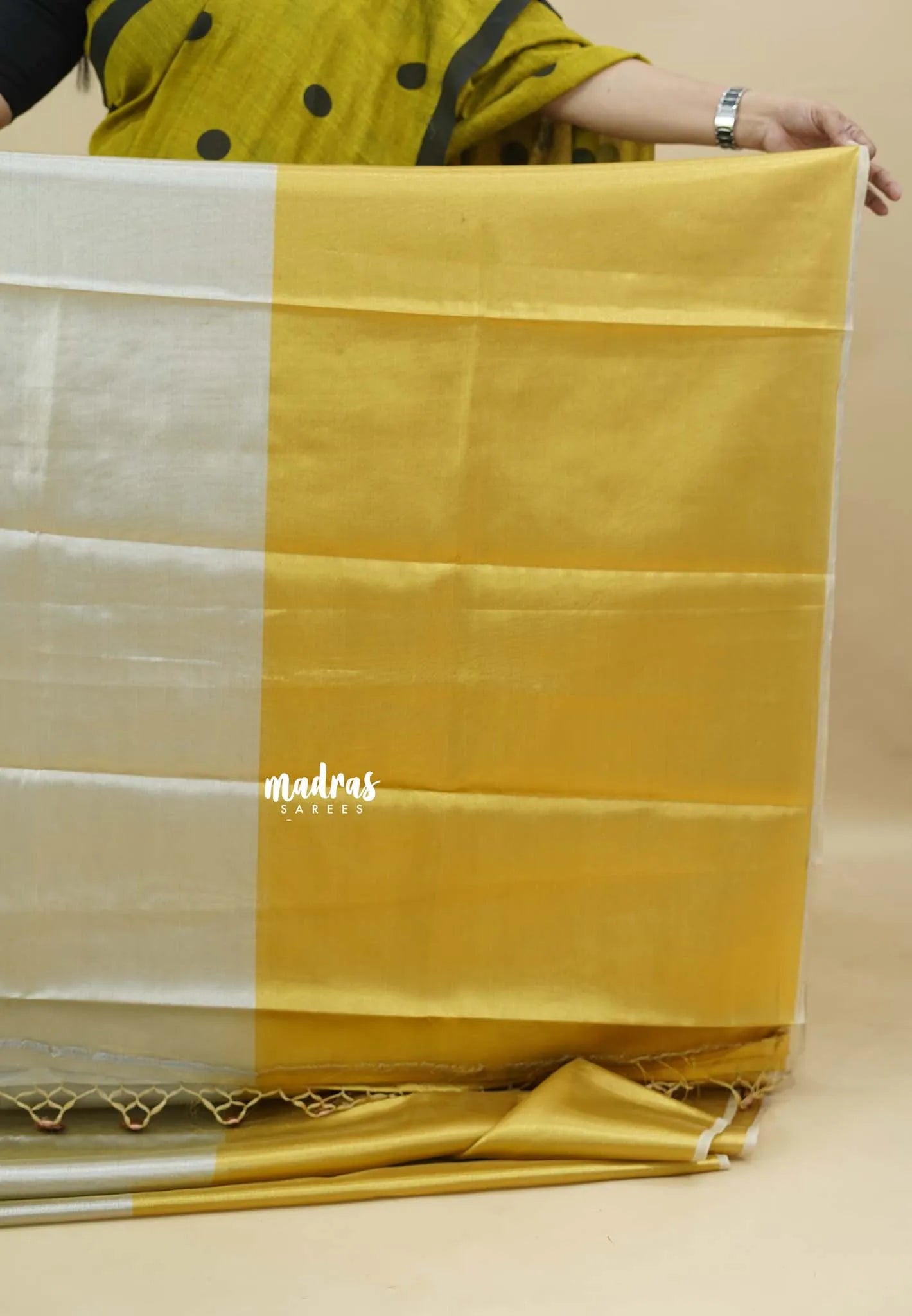 MoonSun Blend - Kushboo half and half gold and silver tissue silk Saree - Best for Small Functions - Madras Sarees
