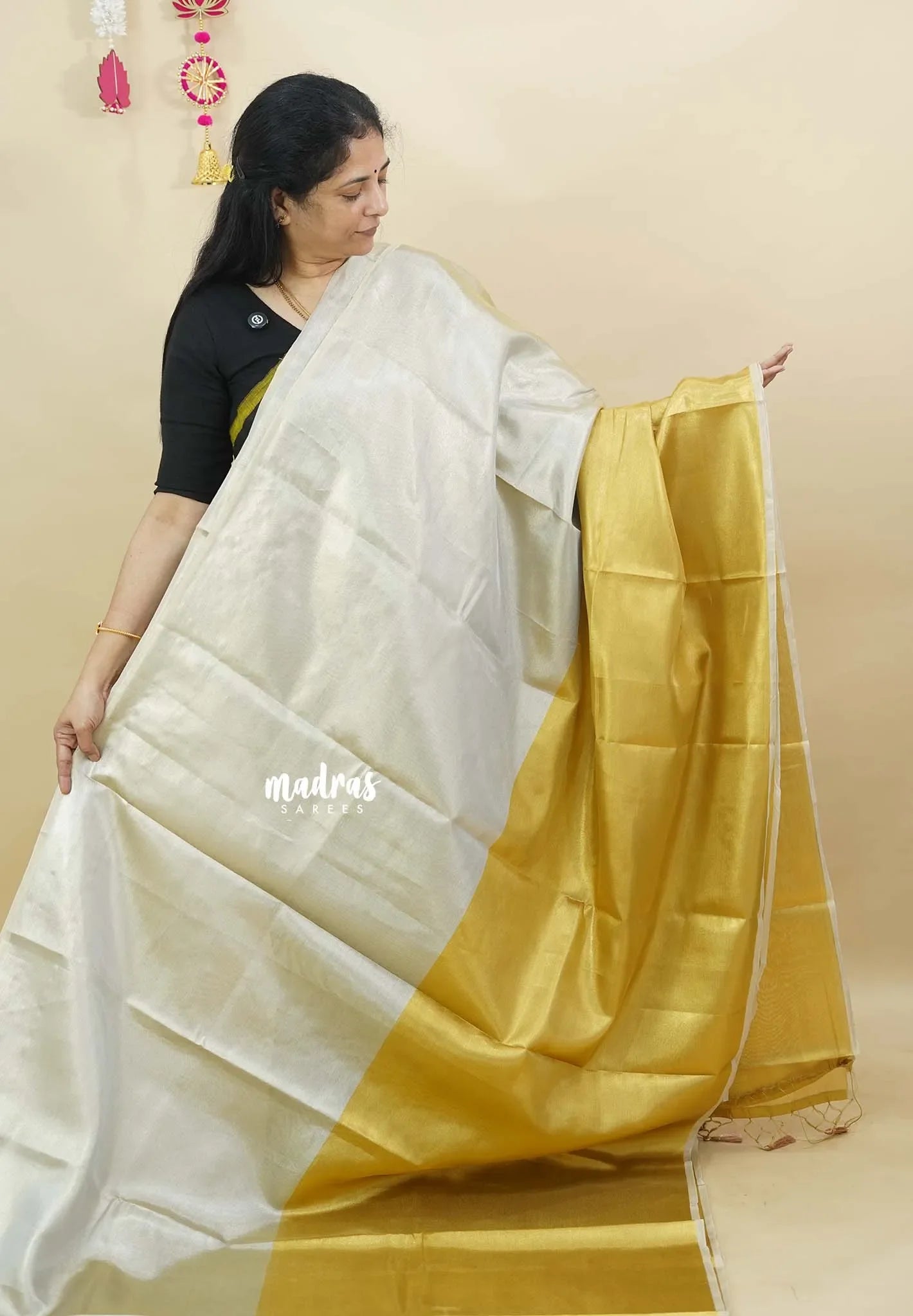 MoonSun Blend - Kushboo half and half gold and silver tissue silk Saree - Best for Small Functions - Madras Sarees