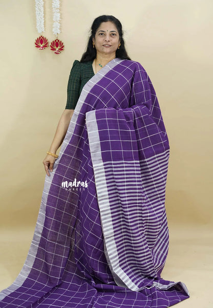 Lavender Purple - Andrea - Premium Khadi cotton checks both with skirt border - Best for Daily Use - Madras Sarees