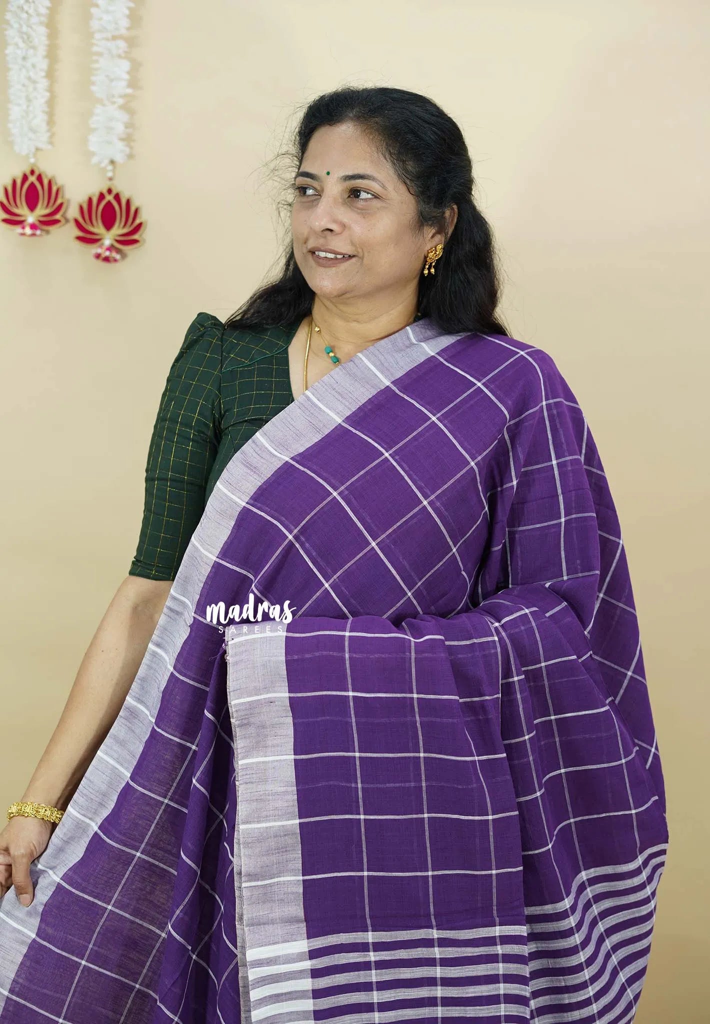 Lavender Purple - Andrea - Premium Khadi cotton checks both with skirt border - Best for Daily Use - Madras Sarees