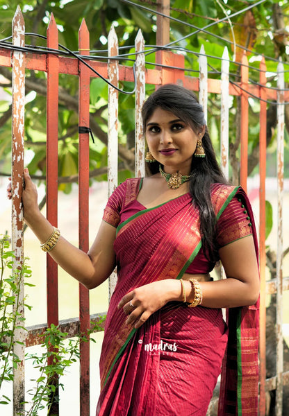 Kumkum Maroon - Karthigai silk cotton with golden stripes weaving - Madras Sarees