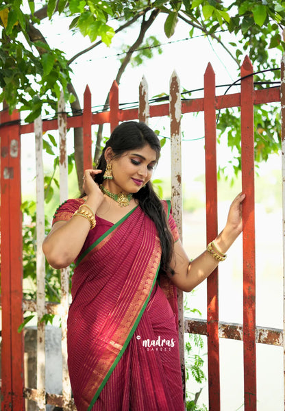 Kumkum Maroon - Karthigai silk cotton with golden stripes weaving - Madras Sarees