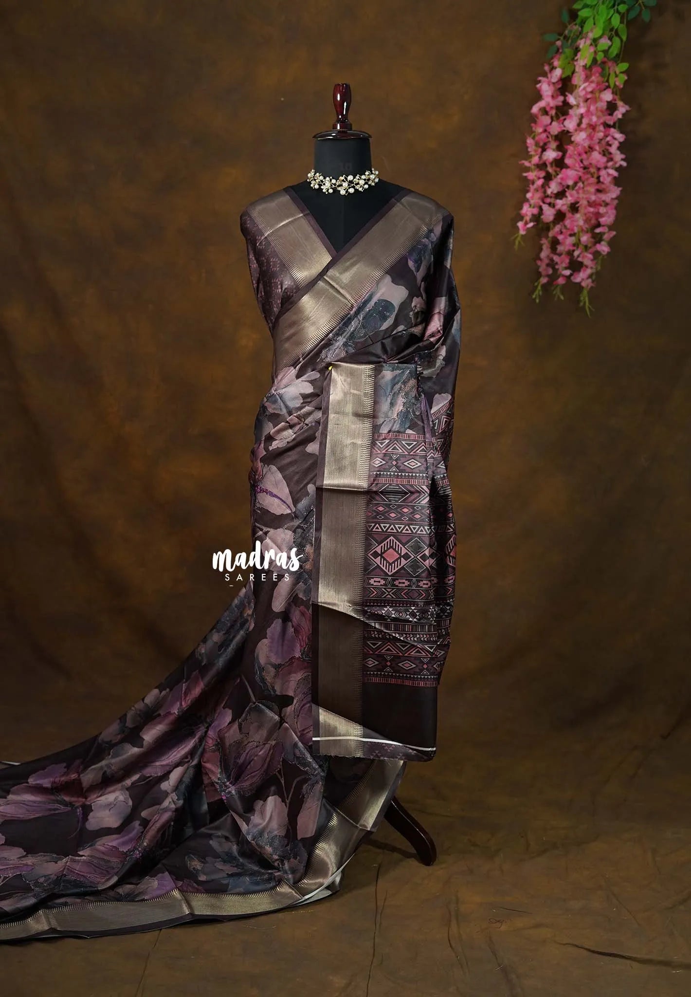 Midnight Brown - Seetha - Soft Mangalore silk floral design with Border - Best for Festive Wear - Madras Sarees