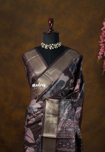 Midnight Brown - Seetha - Soft Mangalore silk floral design with Border - Best for Festive Wear - Madras Sarees