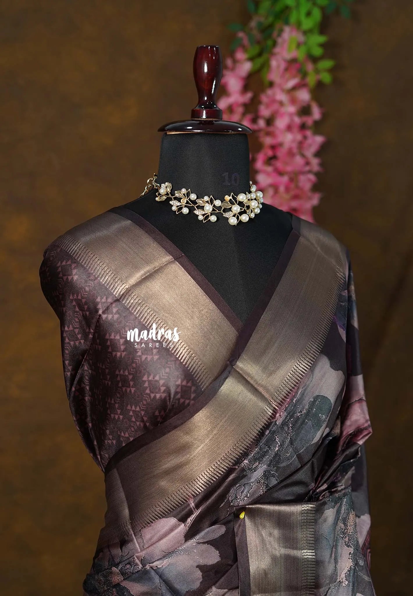 Midnight Brown - Seetha - Soft Mangalore silk floral design with Border - Best for Festive Wear - Madras Sarees