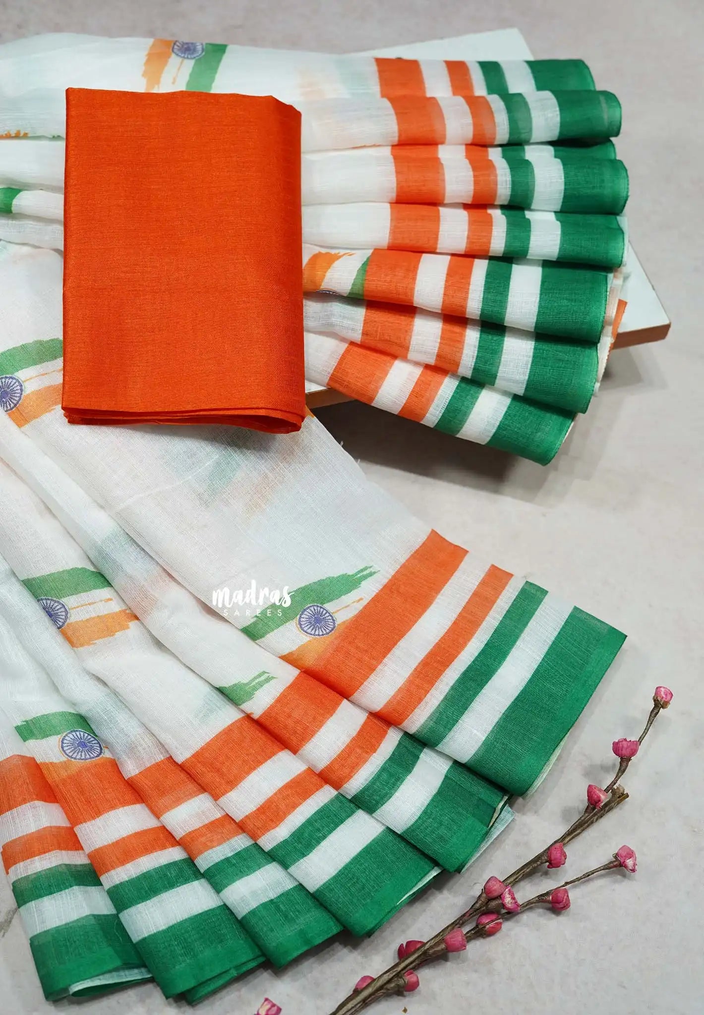 White - August 15 Special TRI COLOR NATIONAL FLAG Linen Cotton saree with raw silk blouse - Madras Sarees
