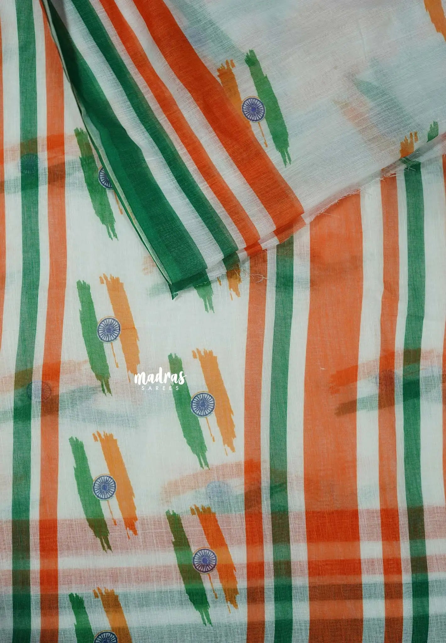 White - August 15 Special TRI COLOR NATIONAL FLAG Linen Cotton saree with raw silk blouse - Madras Sarees