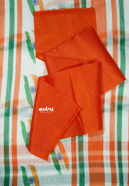 White - August 15 Special TRI COLOR NATIONAL FLAG Linen Cotton saree with raw silk blouse - Madras Sarees