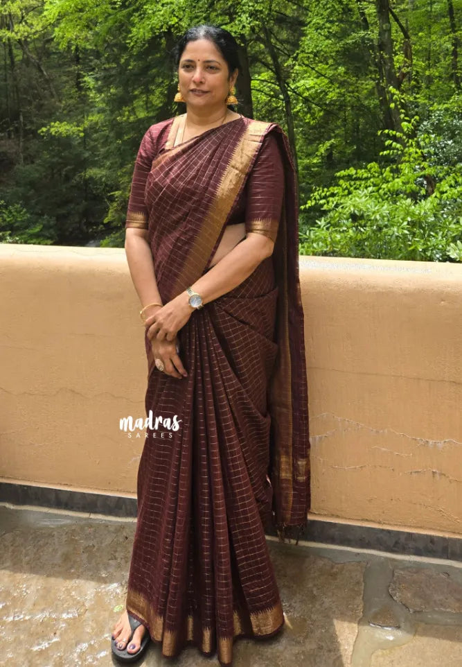 Mangalgiri semi pattu checks body with getti border - Deep brown - Madras Sarees