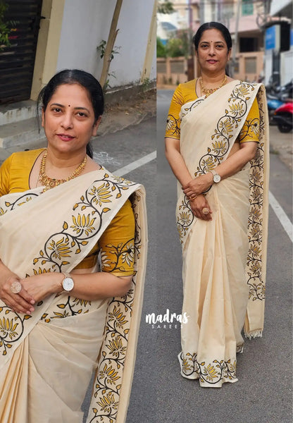 Halfwhite with golden yellow rawsilk blouse - Sowmiya - Organic Bamboo Cotton with handblock print - Madras Sarees
