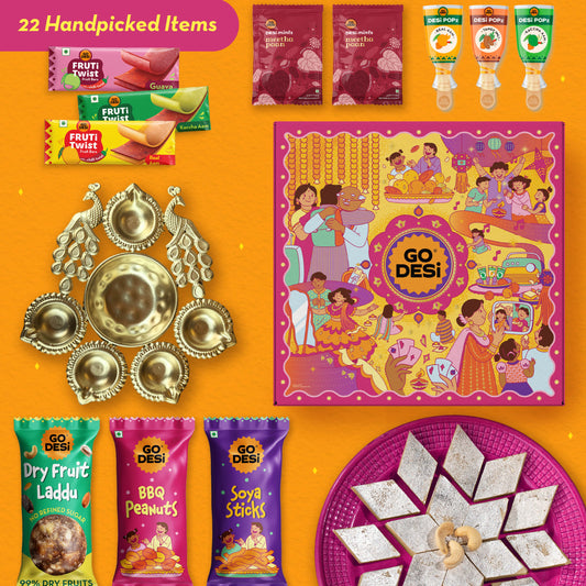 Premium Diwali Gift Box - Go Desi | Peacock Diya | Barbeque Peanuts | Soya Sticks | Kaju Katli | Dry Fruit Laddoo | DESi POPz: Tangy Imli, Real Aam, Kaccha Aam | Meetha Paan | Fruti Twist: Real Aam, Kaccha Aam, Guava