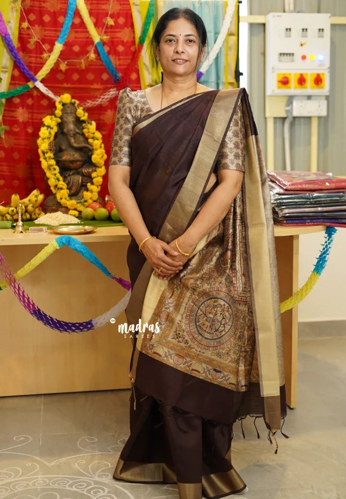 Brown - Roopa - Premium Chappa semi tussar with Madhubani art pallu - Madras Sarees
