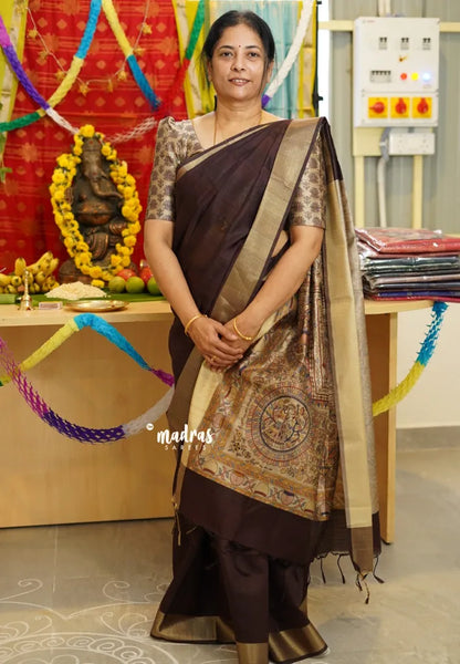Brown - Roopa - Premium Chappa semi tussar with Madhubani art pallu - Madras Sarees