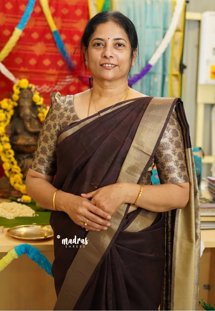 Brown - Roopa - Premium Chappa semi tussar with Madhubani art pallu - Madras Sarees