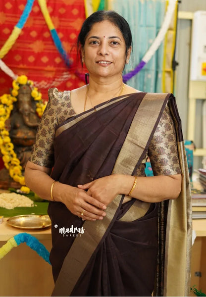 Brown - Roopa - Premium Chappa semi tussar with Madhubani art pallu - Madras Sarees