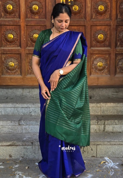 MS Blue - Maheswari - Premium lightweight cotton silk with contrast pallu and blouse - Madras Sarees