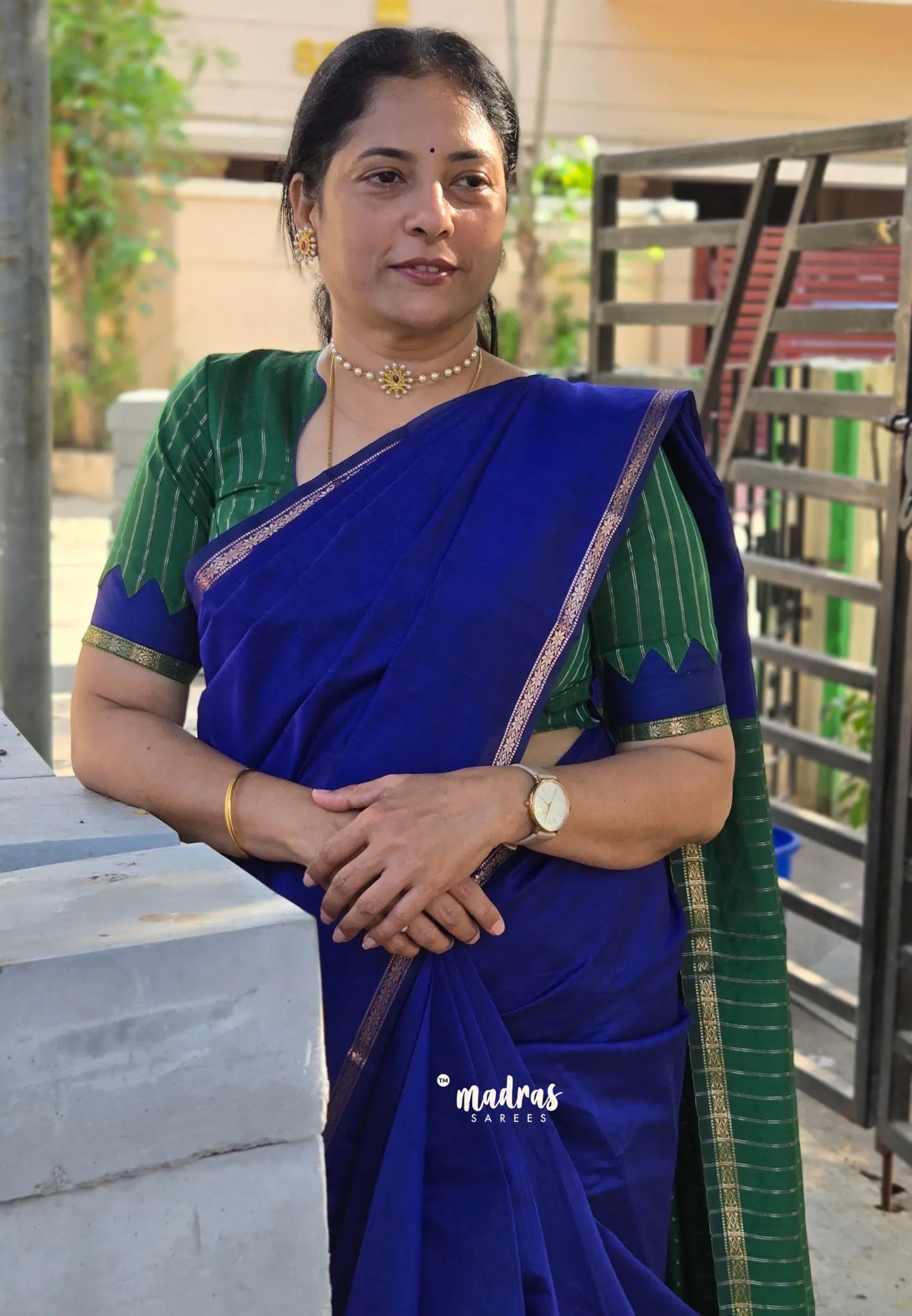 MS Blue - Maheswari - Premium lightweight cotton silk with contrast pallu and blouse - Madras Sarees