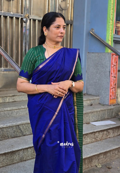 MS Blue - Maheswari - Premium lightweight cotton silk with contrast pallu and blouse - Madras Sarees