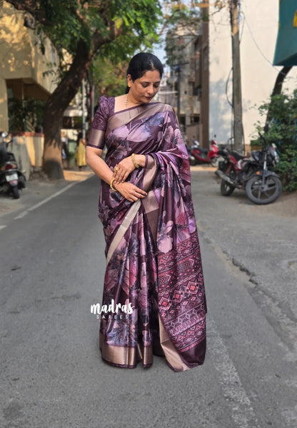 Midnight Brown - Seetha - Soft Mangalore silk floral design with Border - Best for Festive Wear - Madras Sarees