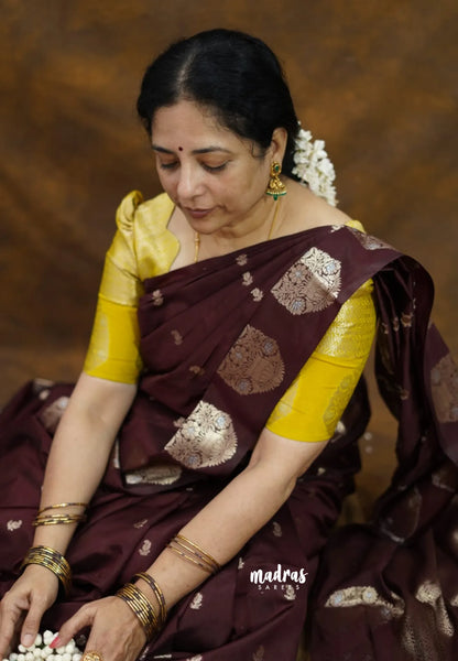 Coffee Brown - Vasantha Raagam - Banarasi mashru Silk with Antique Zari Border and buttas - Perfect for Wedding Wear - Madras Sarees