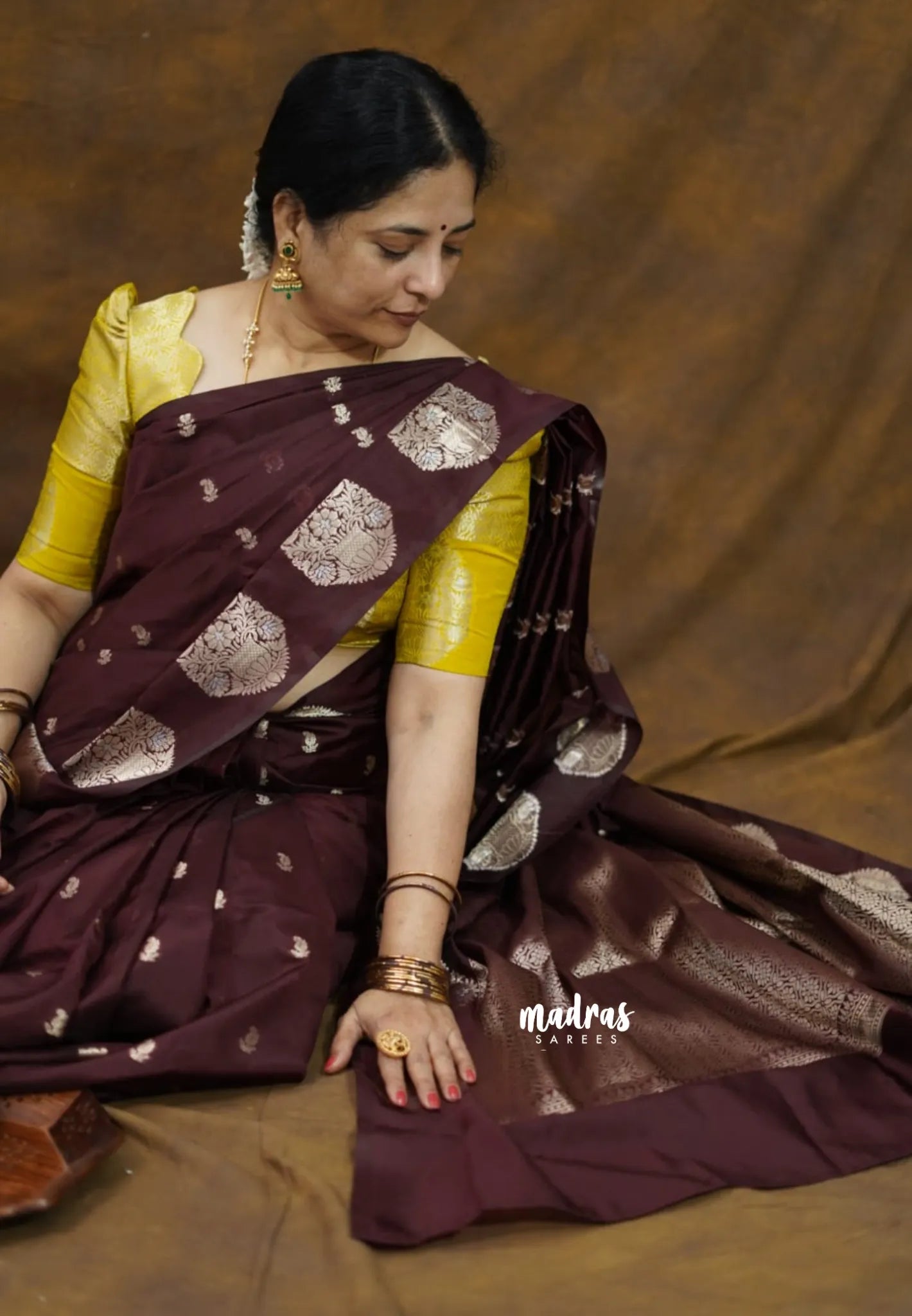 Coffee Brown - Vasantha Raagam - Banarasi mashru Silk with Antique Zari Border and buttas - Perfect for Wedding Wear - Madras Sarees