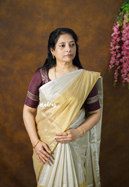 MoonSun Blend - Kushboo half and half gold and silver tissue silk Saree - Best for Small Functions - Madras Sarees