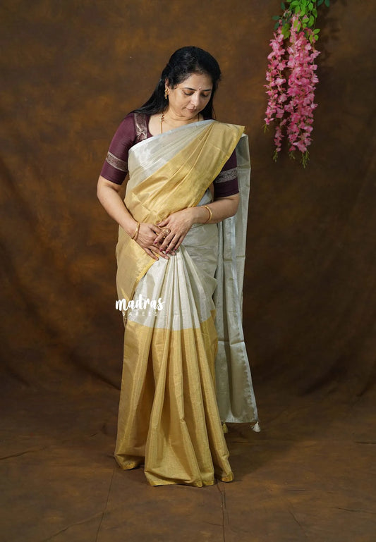 MoonSun Blend - Kushboo half and half gold and silver tissue silk Saree - Best for Small Functions - Madras Sarees