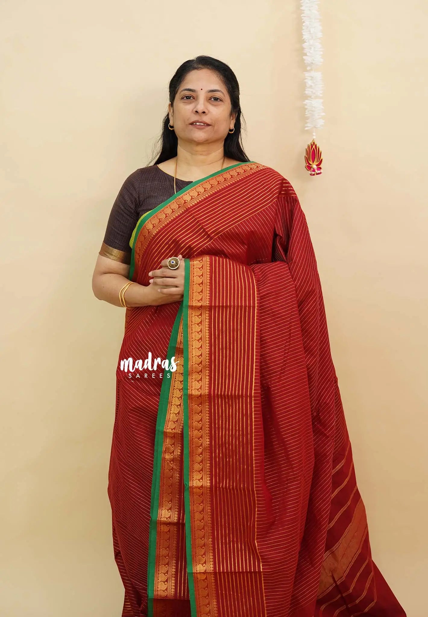 Kumkum Maroon - Karthigai silk cotton with golden stripes weaving - Madras Sarees